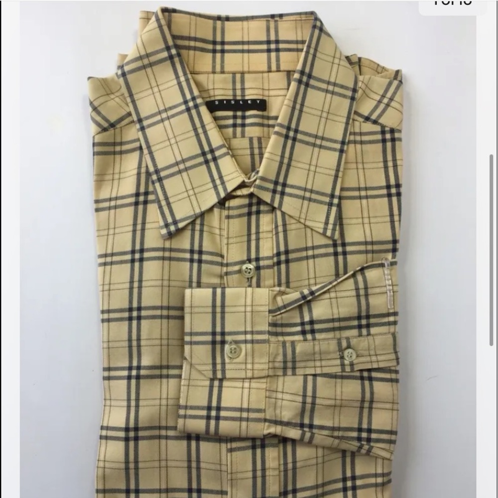 Sisley Men Dress Shirt Brown Plaid Long Sleeve Cotton Spread Collar Medium